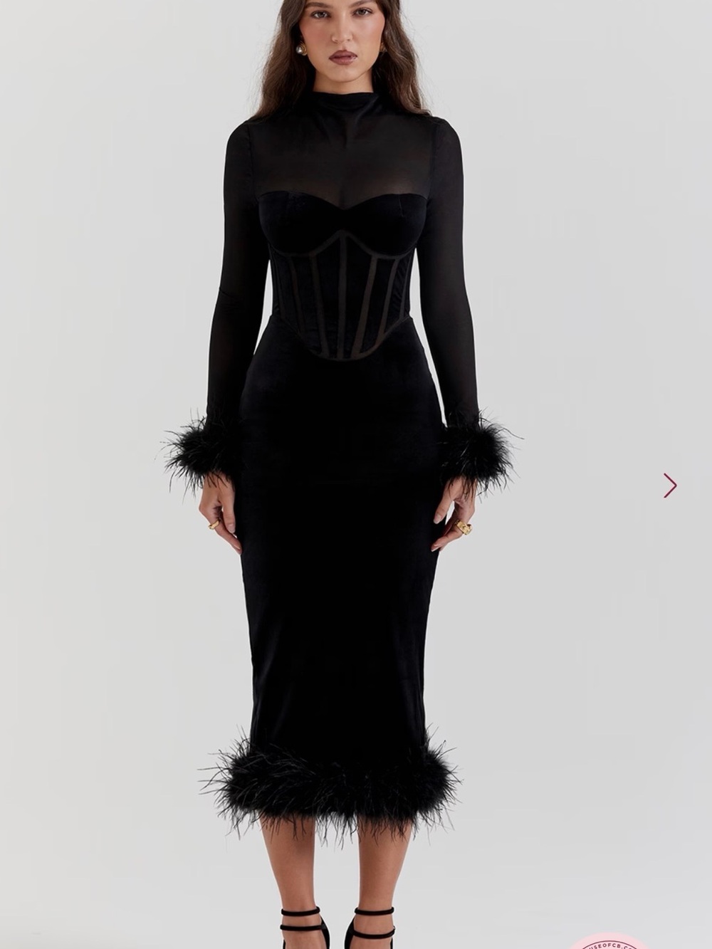 House of CB Black Feather-Trim Midi Dress
